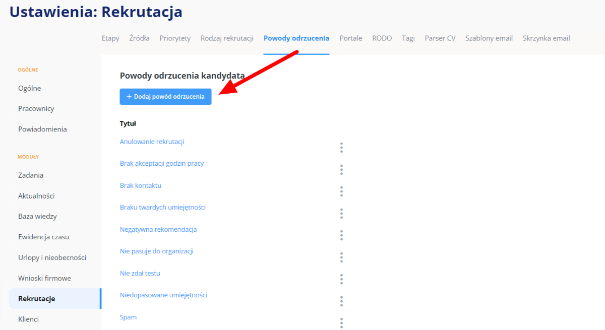 Dodawanie powodów odrzucenia kandydatów