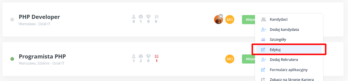 Edycja projektu rekrutacyjnego
