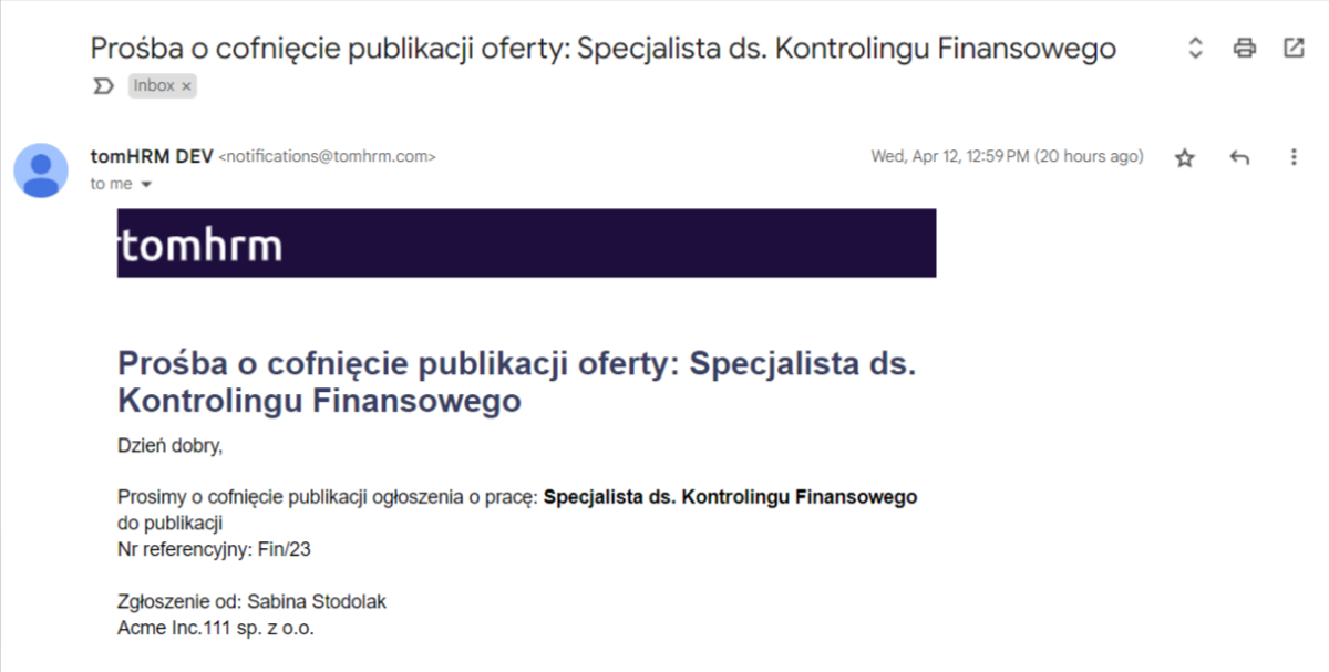 Wycofanie publikacji ogłoszenia rekrutacyjnegoo email 