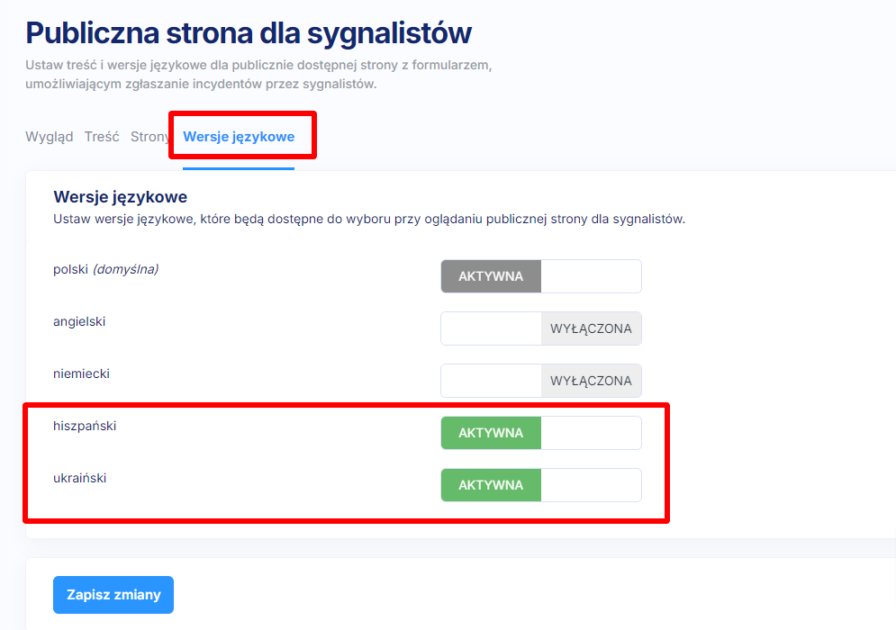 Wersje językowe strony dla sygnalistow